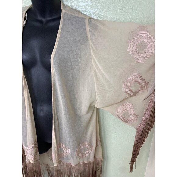 Judith March Cream Cardigan Duster With Embroidery And Brown Fringe Size Medium - Picture 5 of 15